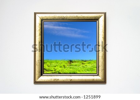 golden picture frame with landscape shot on white wall, landscape photo is mine