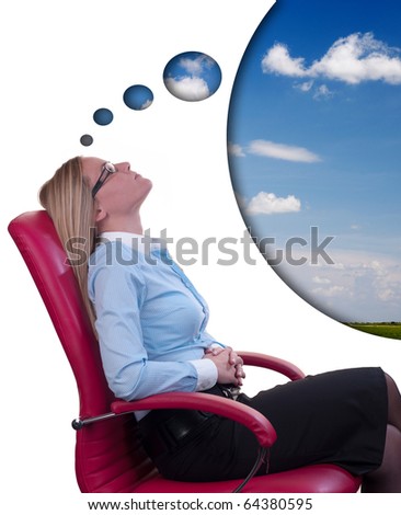 Office dreaming, blond business woman in red chair on white background, sky added as concept