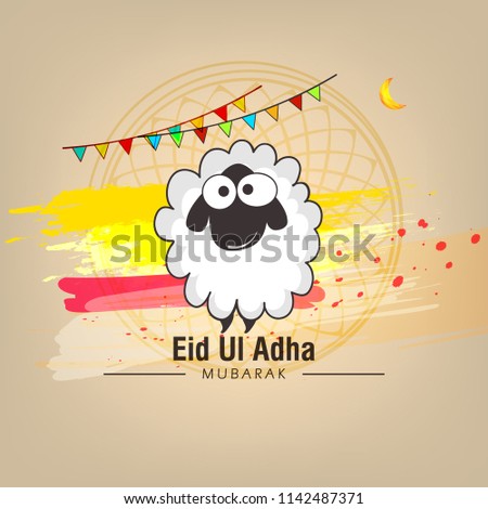Lettering composition vector typographic illustration of muslim holy month with mosque , 
 sheep,lamb & lamp with handwritten Eid Al adha mubarak text for a muslim community festival of sacrifice.
