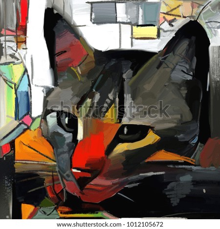A cat and her face in the style of abstract art. Expressive brushstrokes of the impressionist. The painting is executed in oil on canvas with elements of pastel painting.