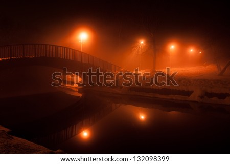 Night view of the bridge over the river and the park