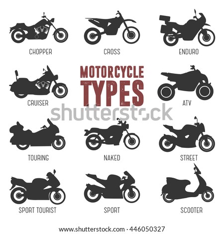 Motorcycle Model and Type. Objects icons moto set. Black vector illustration isolated on white background. Variants of motorcycle body, bike silhouette for web, template.