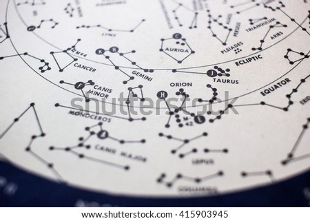 A detail of a star map showing Orion and other constellations