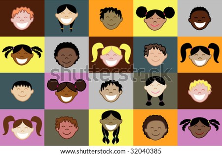 stock vector : Twenty different children faces with colorful pattern 