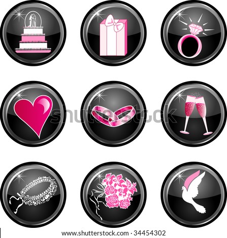 stock vector Nine black glossy wedding web icons with hot pink