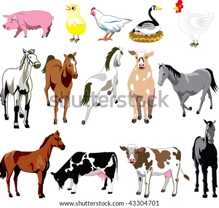 Vector Ilustration of 14 Farm Animals birds, and mammals.
