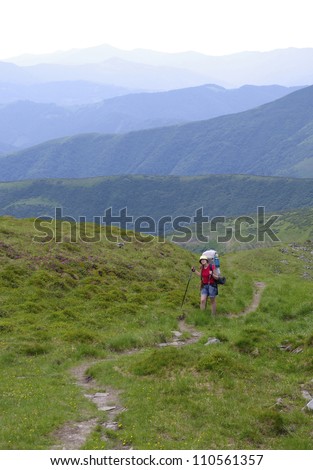 Lonely girl climbs into the mountains along the path, her backpack and it is based on trekking sticks - all against the backdrop of green mountains