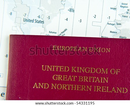 UK passport on world map with time zones