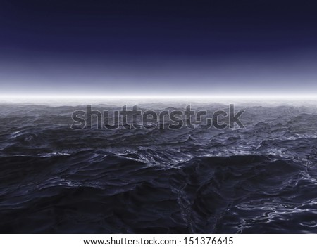 Dark stormy sea waters in foggy night