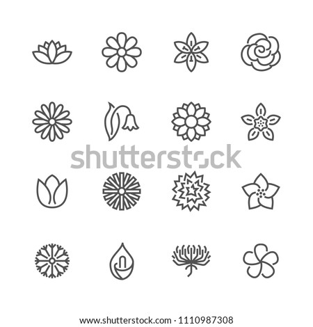 Flowers flat line icons. Beautiful garden plants - chamomile, sunflower, rose flower, lotus, carnation, dandelion, violet blossom. Thin signs for floral store. Pixel perfect 48x48. Editable Strokes
