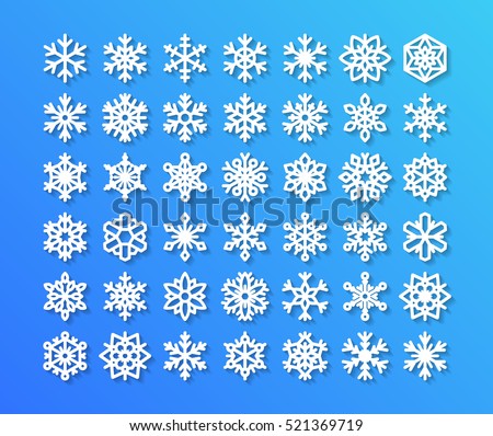 Cute snowflake collection isolated on blue background. Flat icons of snow flakes silhouette.