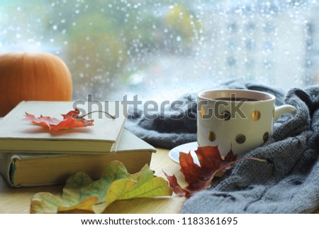 Cup of tea or coffee, some books, autumn leaves and warm blanket on the table in front of the window. Rainy and cold day outside, reading, autumn mood, fall season  concept. Selective focus.