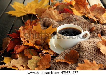 Autumn leaves, hot steaming cup of coffee and a warm scarf on wooden table background. Seasonal, morning coffee, sunday relax and still life concept