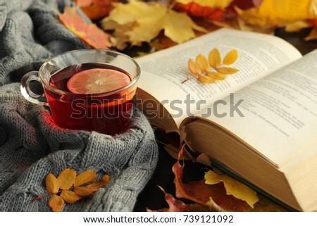 Autumn, fall  leaves, cup of tea, opened book  and warm scarf on wooden table. Seasonal, book reading, Sunday relaxing, teatime and still life concept. Selective focus.