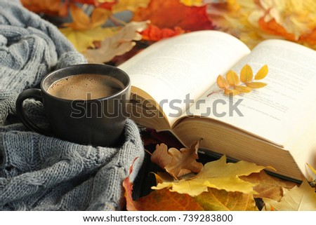 Autumn leaves, cup of coffee, warm scarf and opened book on the table. Seasonal, book reading, Sunday relaxing and still life concept. Selective focus.