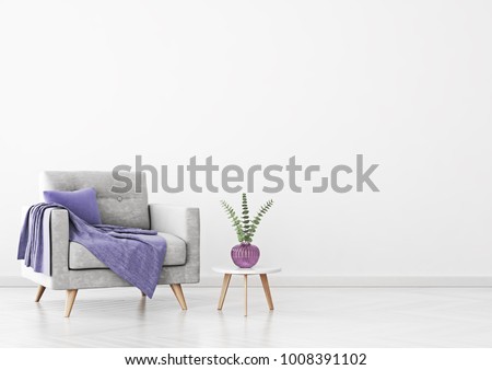 Living room interior with grey velvet armchair, violet plaid, vase and coffee table on empty white wall background. 3D rendering.