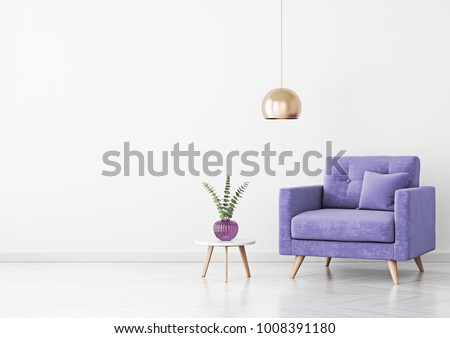 Living room interior with violet velvet armchair, pillow, plant in vase, hanging lamp and coffee table on empty white wall background. 3D rendering.