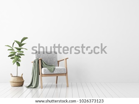 Interior mock up with gray velvet armchair, green plaid and fiddle leaf tree in wicker basket in living room with white wall. 3D rendering.