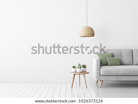 Interior mock up with gray velvet sofa, green pillows, coffee table, succulents and hanging lamp in living room with white wall. 3D rendering.