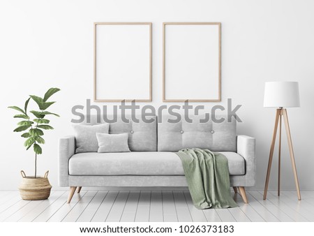 Interior poster mock up with two vertical empty wooden frames, gray sofa, plant and lamp in living room with white wall. 3D rendering.