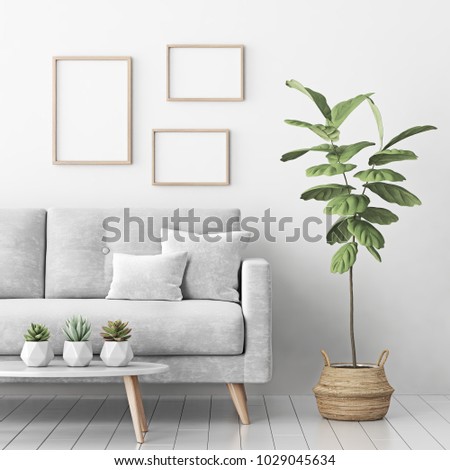 Interior poster mock up with three empty wooden frames, gray sofa, tree in basket and succulents in living room with white wall. 3D rendering.