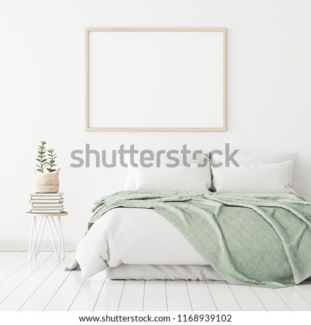 Poster mockup with wooden horizontal frame on empty white wall in bedroom interior with bed, green plaid and plants. 3D rendering.