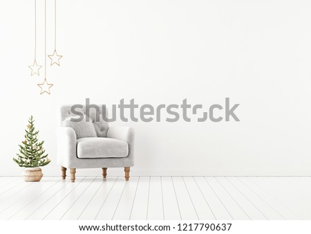 Living room interior wall mock up with grey tufted armchair, fur pillow and decorated christmas tree on empty white background. 3D rendering.