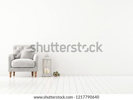 Living room interior wall mock up with grey tufted armchair, fur pillow and lantern on empty white background. 3D rendering.