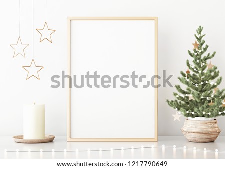 Vertical poster mock up with golden frame, decorated christmas tree, garland lights and holiday decoration on white wall background. 3D rendering.
