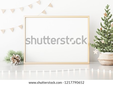 Horizontal poster mock up with golden frame, decorated christmas tree, garland lights and holiday decoration on white wall background. 3D rendering.