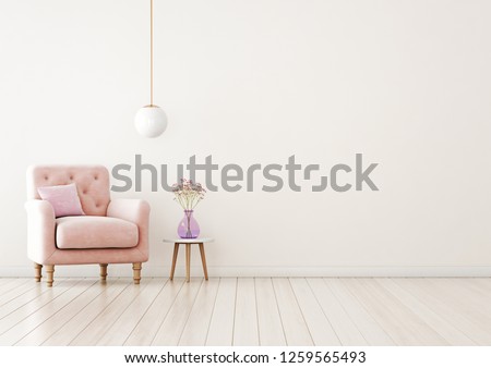 Living room interior wall mock up with pink tufted armchair, pastel pillow, hanging lamp and flowers in vase on  empty warm white background.  Free space on right. 3D rendering.