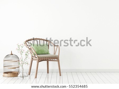 Neutral interior mockup with wicker chair and plant in vase on empty white wall background. 3D rendering.