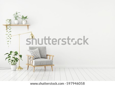 Scandinavian style livingroom with gray fabric armchair, golden lamp and plants on empty white wall background. 3d rendering.