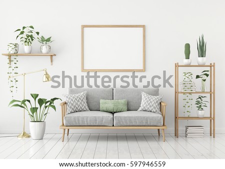 Horizontal poster mock up with wooden frame, sofa, lamp and plants on white wall background. 3d rendering.