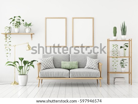 Scandinavian style poster mock up with two vertical frames, sofa and green plants on white wall background. 3d rendering.