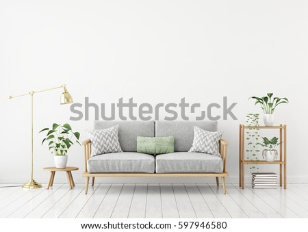 Scandinavian style livingroom with fabric sofa, pillows, golden lamp and green plants on white wall background. 3d rendering.