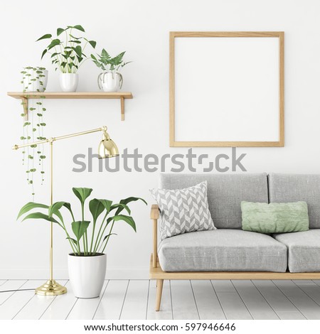 Square poster mock up with wooden frame, sofa and green plants on white wall background. 3d rendering.