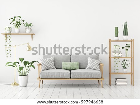 Urban jungle style livingroom with gray sofa, golden lamp and plants in pots on white wall background. 3d rendering.