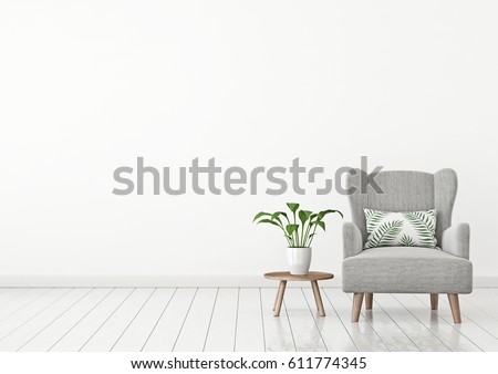 Livingroom interior wall mock up with fabric armchair, green plant and little table on clear white wall background. 3D rendering.