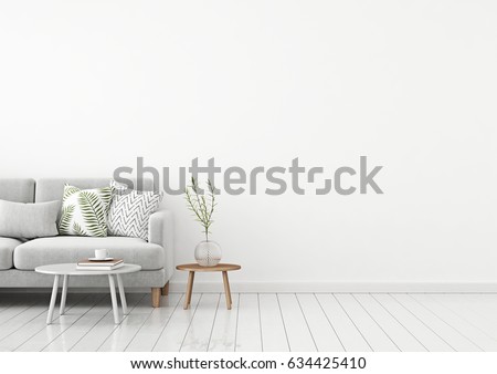 Livingroom interior wall mock up with gray fabric sofa and pillows on white background with free space on right. 3d rendering.