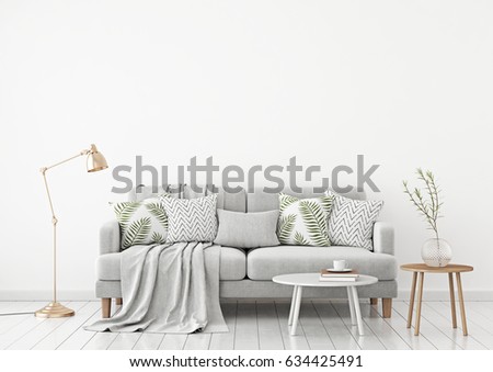 Neutral livingroom interior with fabric sofa, pillows, plaid, lamp and green plant on white wall background. 3d rendering.