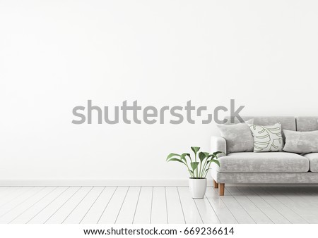 Scandinavian style interior wall mock up with gray velvet sofa and pillows on white wall background with free space on left. 3d rendering.