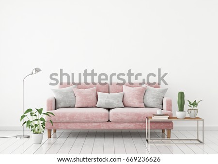 Livingroom interior wall mock up with pink fabric sofa and pillows on white wall background with free space on top. 3d rendering.
