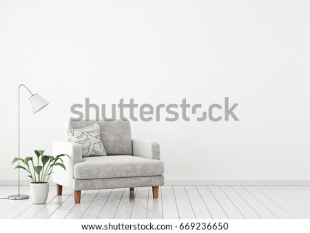 Scandinavian style interior wall mock up with gray velvet armchair, pillow and plants on white wall background with free space on right. 3d rendering.