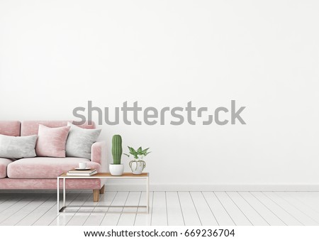 Livingroom interior wall mock up with pink velvet sofa and pillows on white wall background with free space on right. 3d rendering.