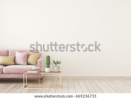 Livingroom interior wall mock up with pink velvet sofa and pillows on light beige wall background with free space on right. 3d rendering.