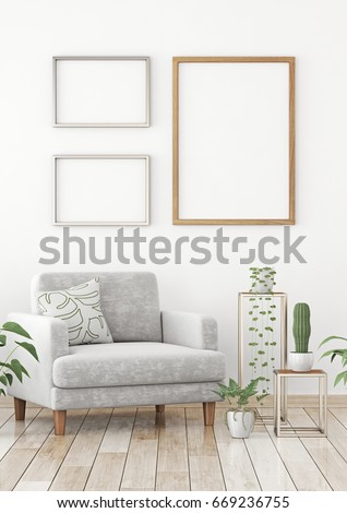 Interior poster mock up with three frames composition on the wall in scandinavian style livingroom. 3d rendering.