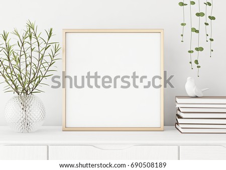 Interior poster mock up with square metal frame and plants in vase on white wall background. 3D rendering.