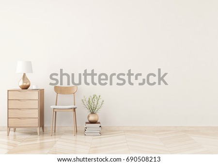 Empty wall mock up with chair, chest of drawers, lamp and plant in vase in warm beige living room interior. 3D rendering.