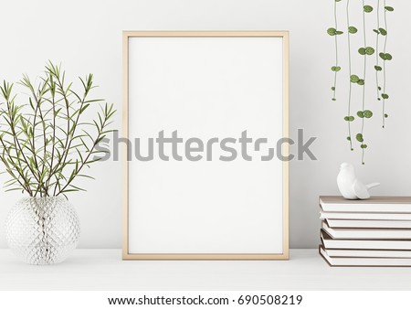 Interior poster mock up with vertical metal frame and plants in vase on white wall background. 3D rendering.
